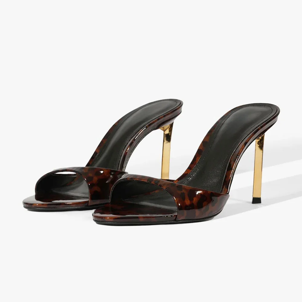 Tortoise Shell Pattern Heels Brown & Black Patent Leather Tortoiseshell Pattern Mule Heels