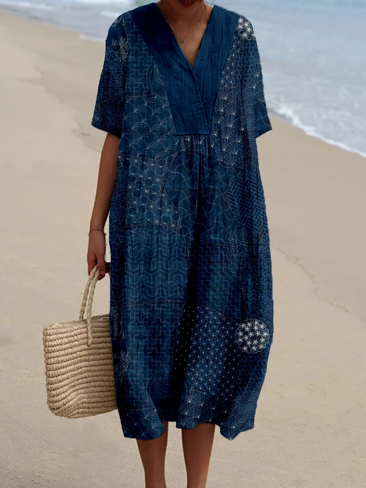 Japanese Traditional Sashiko Art Linen Blend Midi Dress