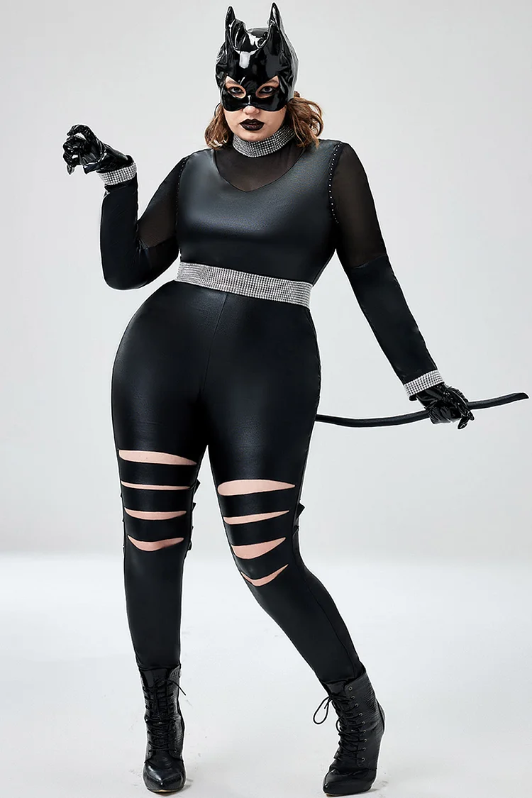 Xpluswear Design Plus Size Halloween Costume Black Cat Gothic See-Through Long Sleeve Mesh Jumpsuit (Without Headwear And Glove) 