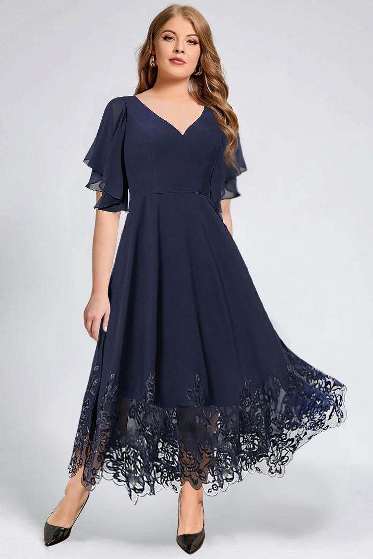 Flycurvy Plus Size Mother Of The Bride Navy Blue Chiffon Lace Stitching Flutter Sleeve A-Line Tunic Maxi Dress  Flycurvy [product_label]
