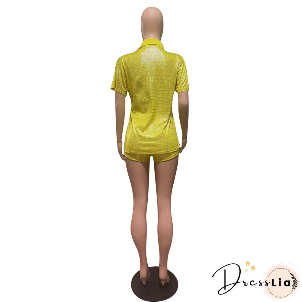 Short Sleeve Bronzing T-Shirt Casual Biker Shorts Outfit