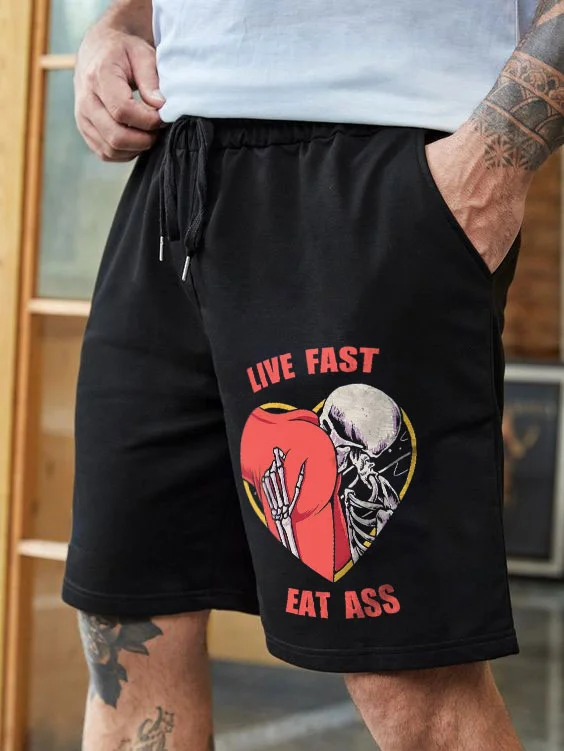 LIVE FAST EAT ASS Skull with Naked Ass Black Print Shorts