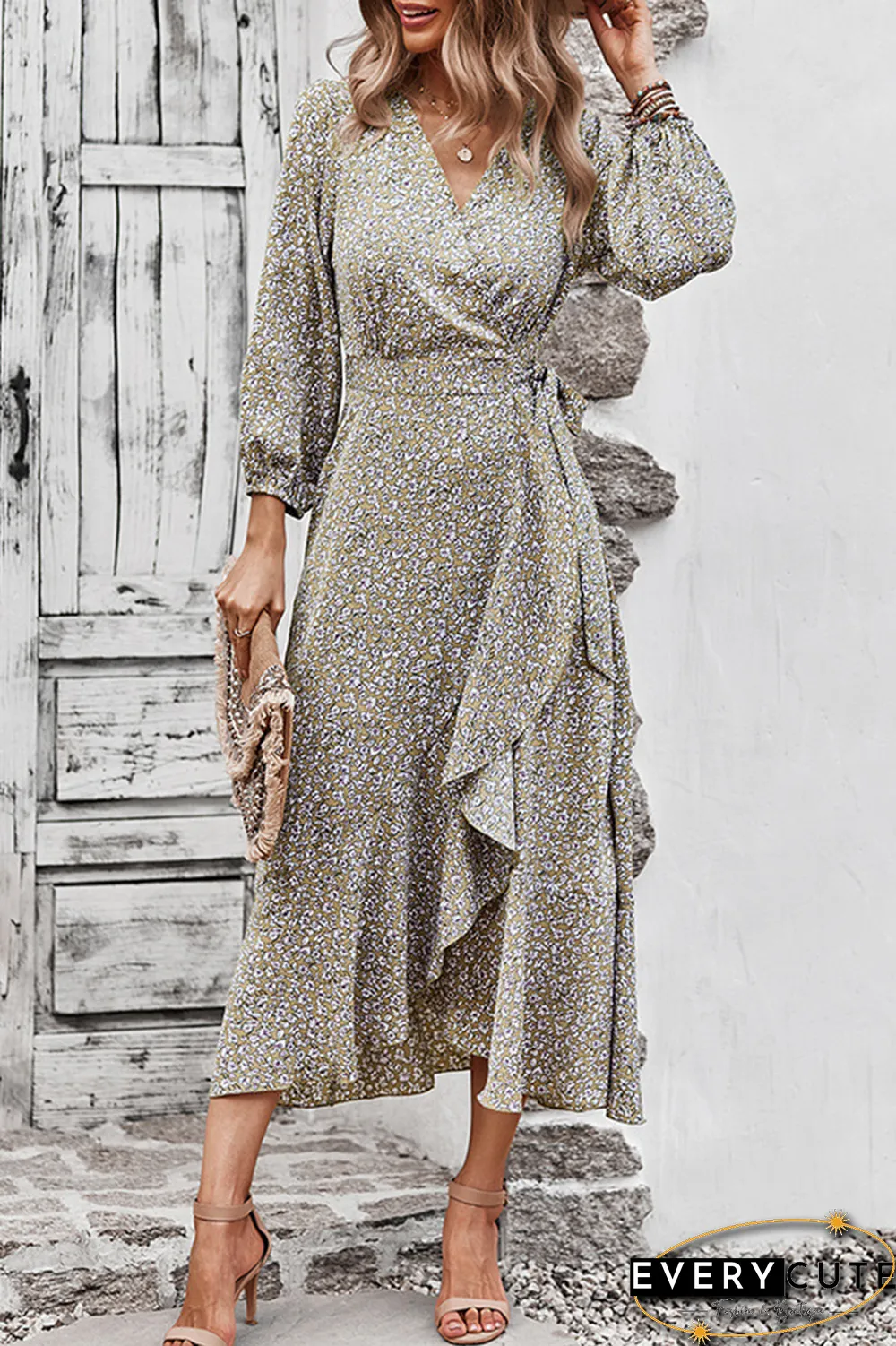 Elegant Floral Flounce Strap Design V Neck A Line Dresses(5 colors)