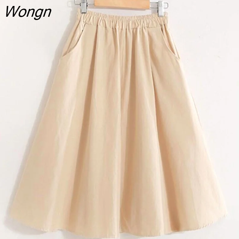Wongn 100% Cotton Midi Summer Skirt Women 2021 Fashion Korean Pocket A-line Sun School Black White High Waist Skirt Female