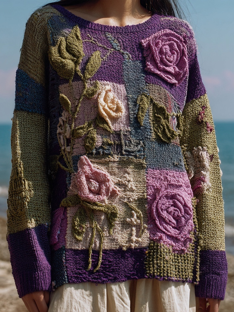 Vintage Roses Crochet Art Patchwork Cozy Knitted Sweater