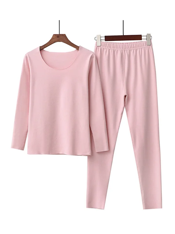 Two-Piece Plus Size Solid Color Round-Neck Top and Bottom Pajama Set