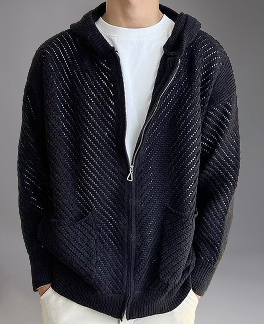Casual Hollow Out Zip Up Pockets Knitted Hooded Jacket