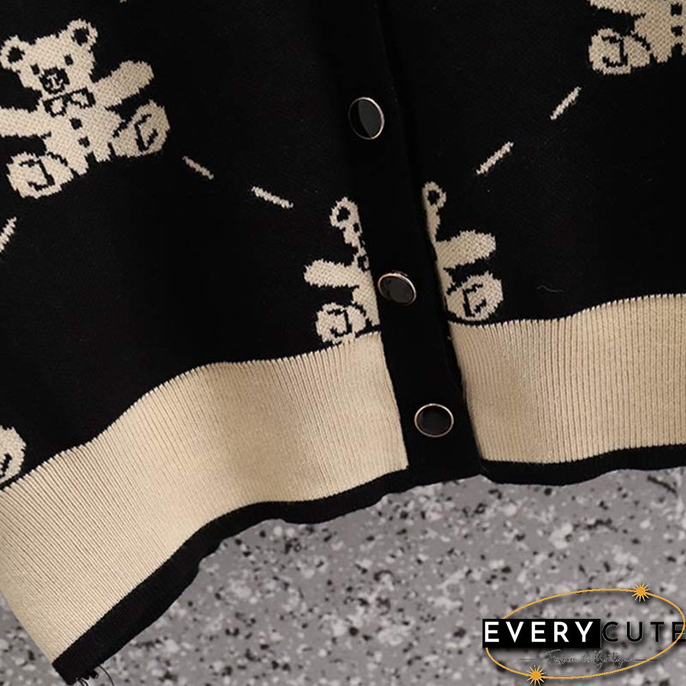 Plus Size Bear Print Cardigan Sweater Pants Two Pieces Set