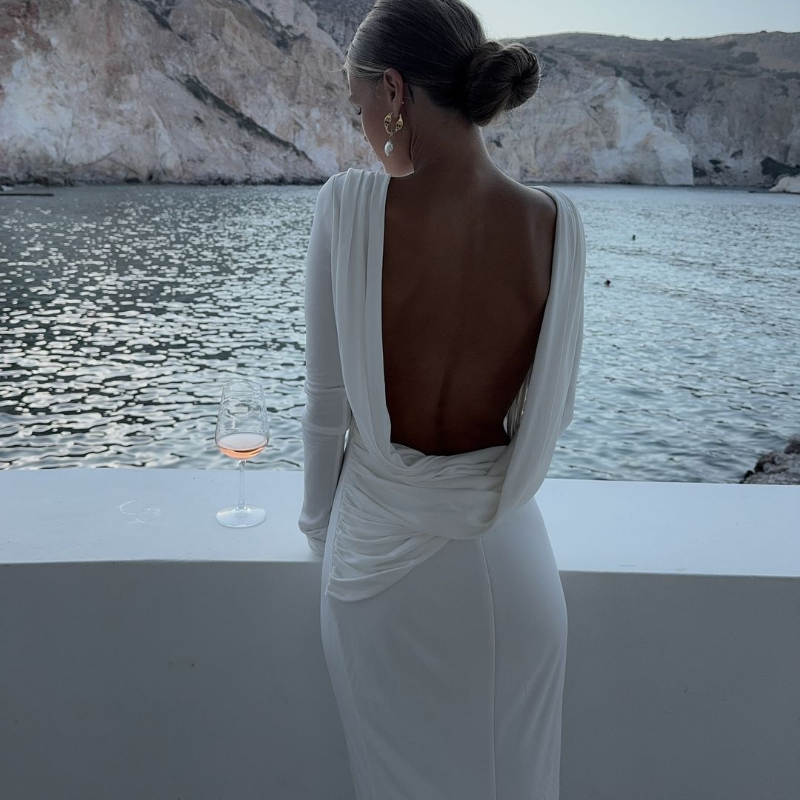 Fashion Solid Hollow Out Maxi Dress For Women Elegant Round Neck Long Sleeve Backless Slim Dresses 2025 New Female Evening Gowns