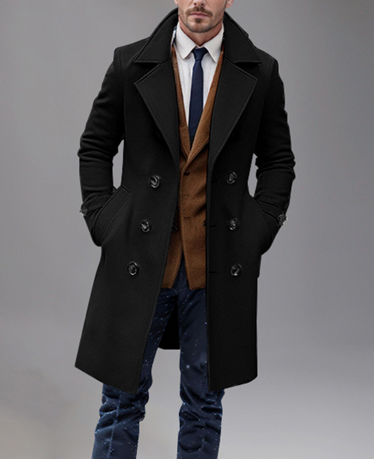 Business Tailored Collar Double Breasted Slant Pocket Woolen Overcoat