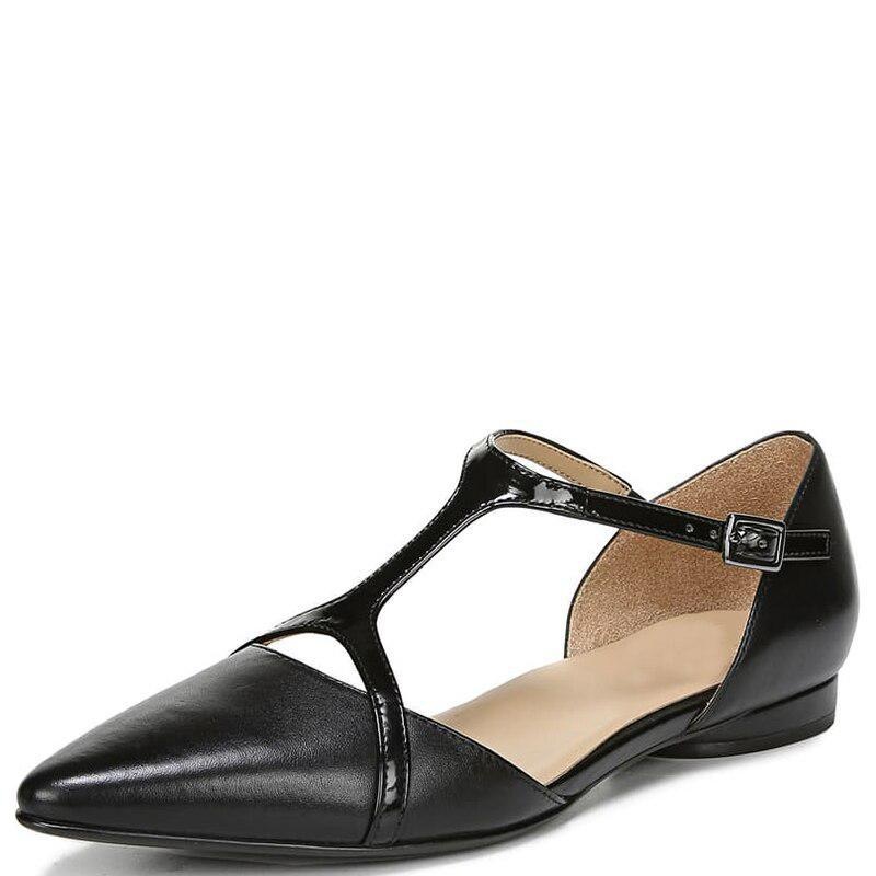 Black T-Strap Pionted Toe Flats Woman Buckle Strap Solid