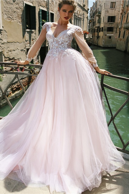 Ovlias Classy Pink Long Sleeves A-line Tulle Wedding Dress With Appliques LY0091