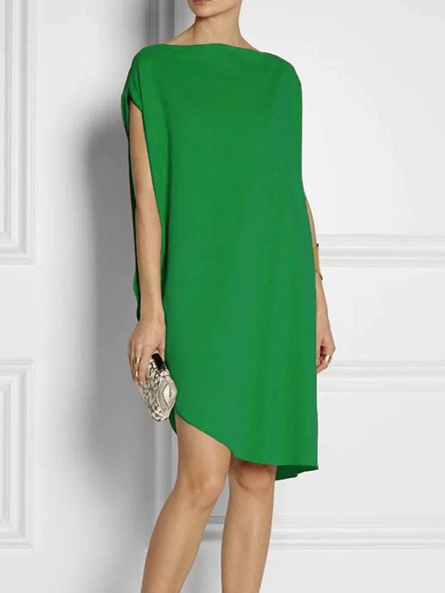 Simple Loosen Solid Cap Sleeve Knee Dress