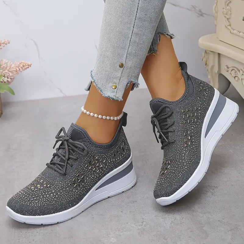 womens   embellished black sneakers comfortable low top lace up casual shoes with thick cushioned sole breathable fabric upper for   wear versatile for commuting   ladies sneakers everyday footwear stylish   durable rubber sole details 3