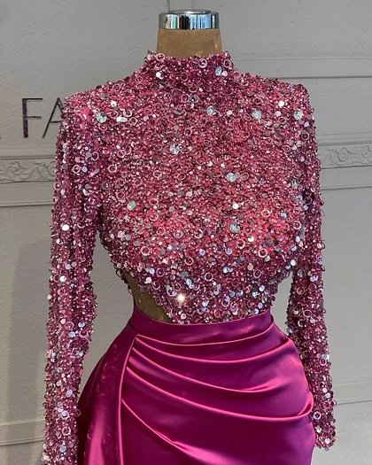 Oknass Sequins High Neck Long Sleeves Fuchsia Pleated Prom Dress With Split