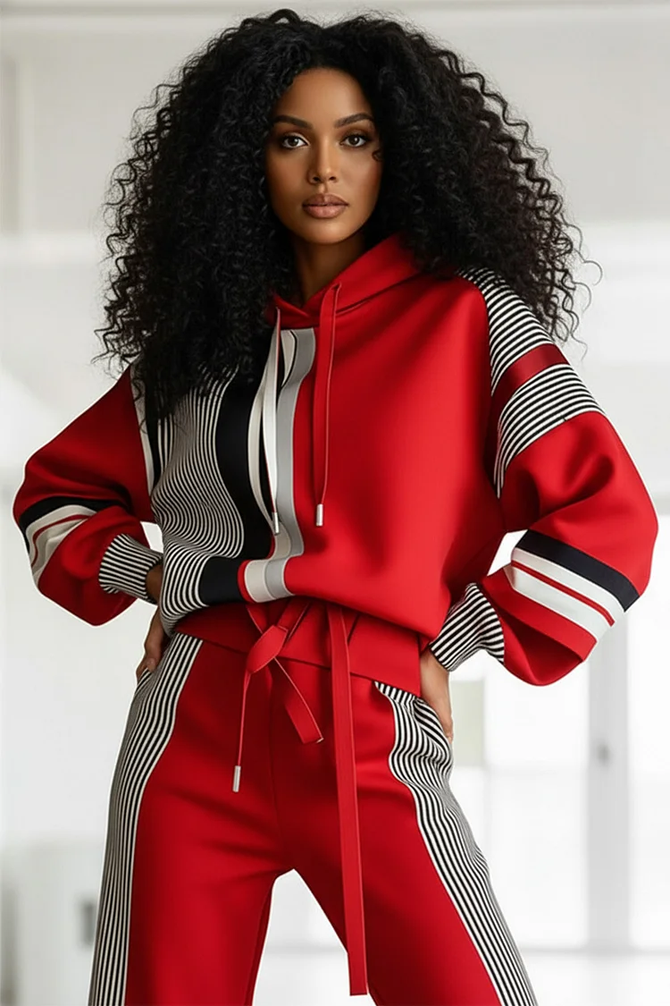 Plus Size Daily Red Striped Hooded Long Sleeve Ruched Casual Sweatshirts 2024 - Xpluswear