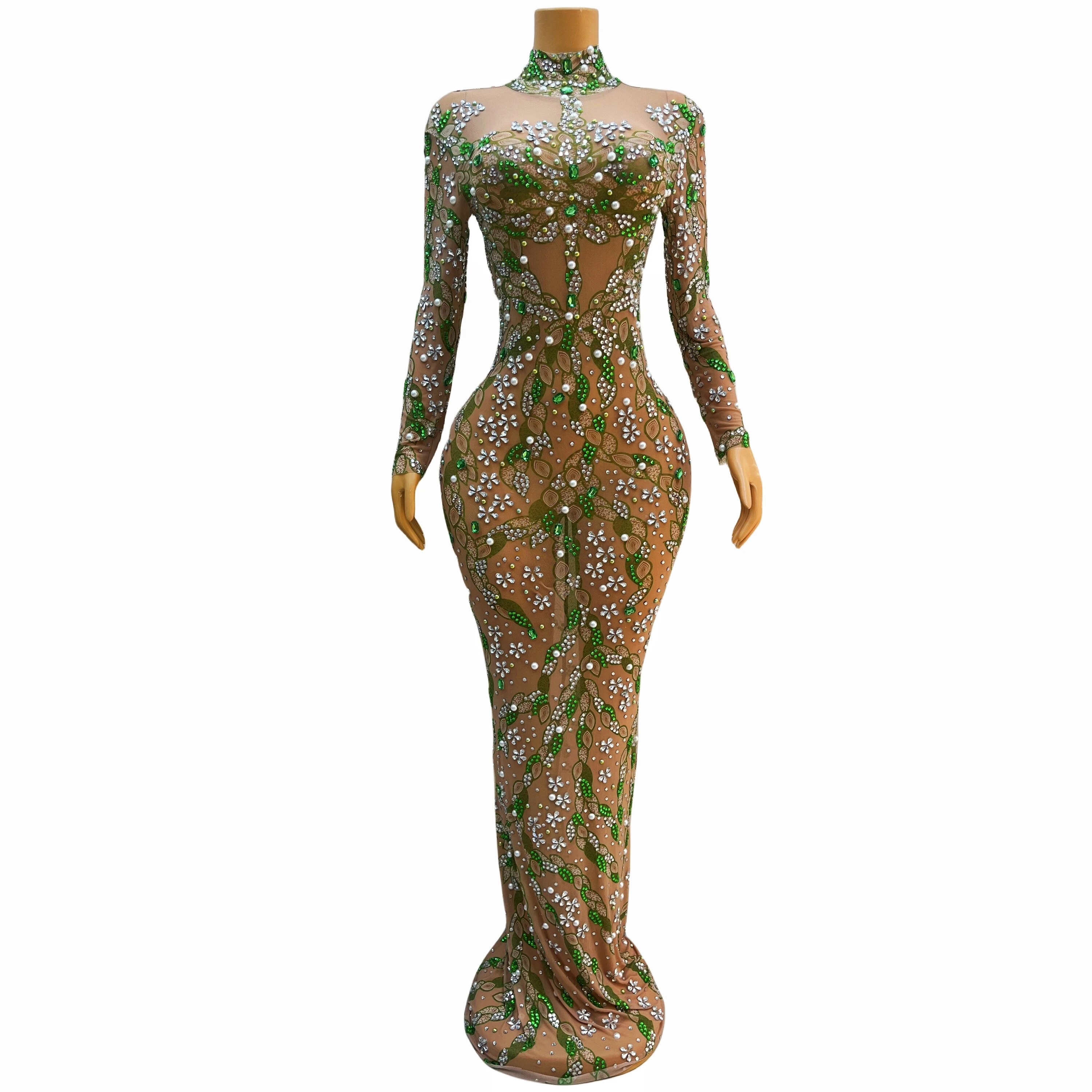 VCSHOES Birthday Celebrate Transparent Green Rhinestones Pearls Dress Stretch Outfit Prom Party Collections Chunse