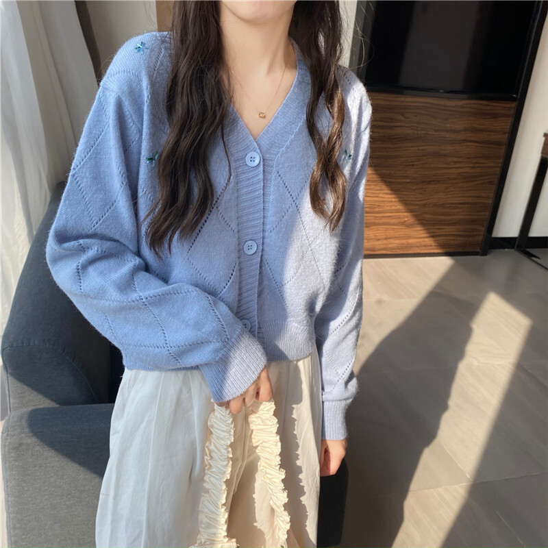 2025 Spring Autumn Korean Style Flower Embroidery Short Cardigan Women Sweet Fashion Argyle Hollow Out Sweater Coat Knitted Tops