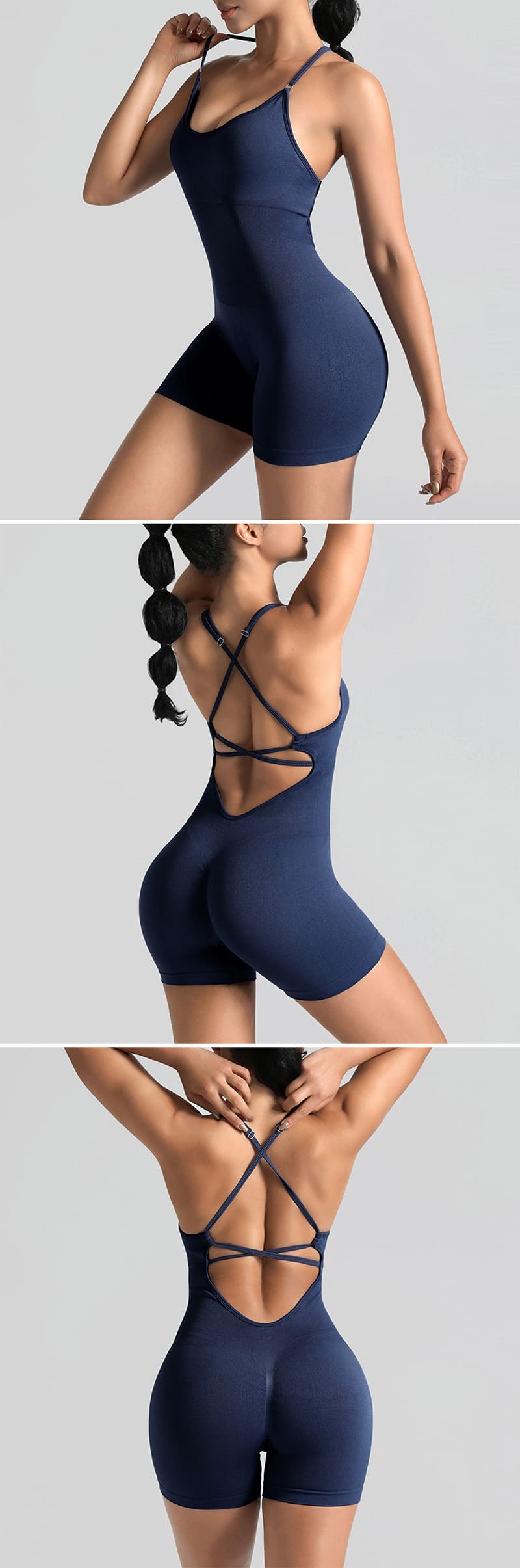 A model wears a navy high waist yoga bodysuit, front and back views presented.