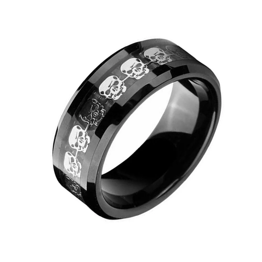 6MM 8MM Black Tungsten Carbide Mens Silver Skull Skeleton Inlay Promise Rings