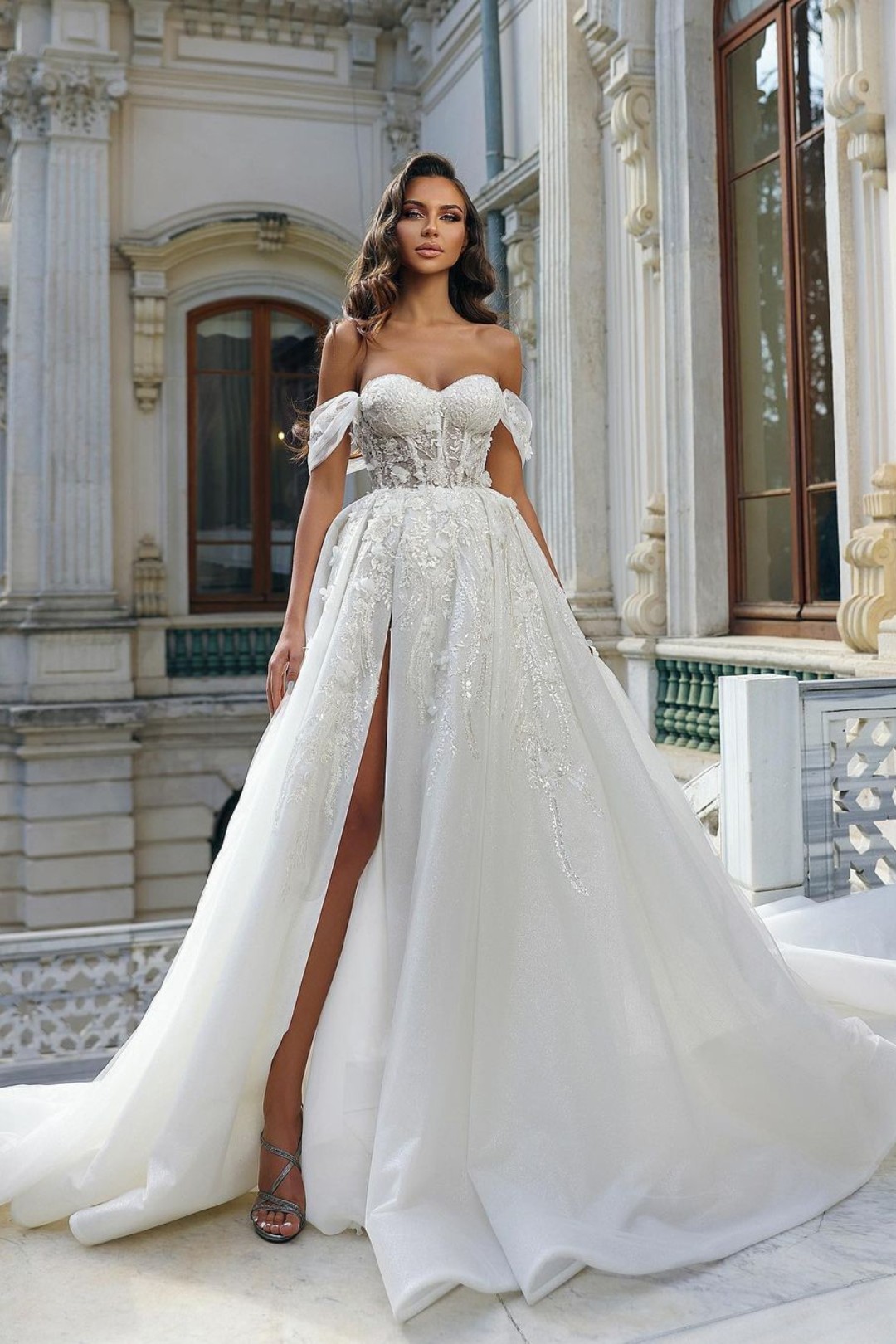 Ovlias Lace White Wedding Dress Off-the-Shoulder With High Slit Sleeveless YL0254