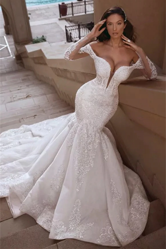 Charming Off-the-Shoulder Long Sleeves Wedding Dress Mermaid With Lace Appliques - lulusllly
