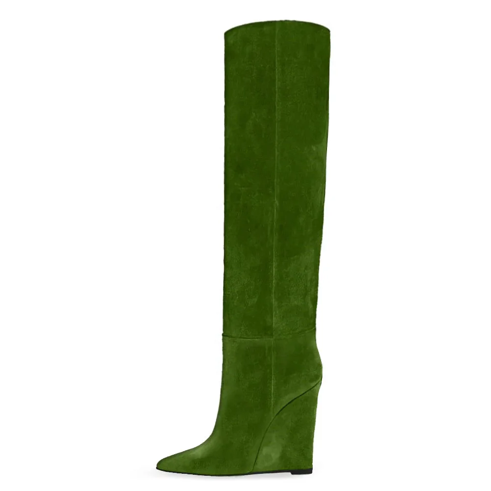YDN Women's Pointed Toe Green Knee High Boots with Wedge Heel
