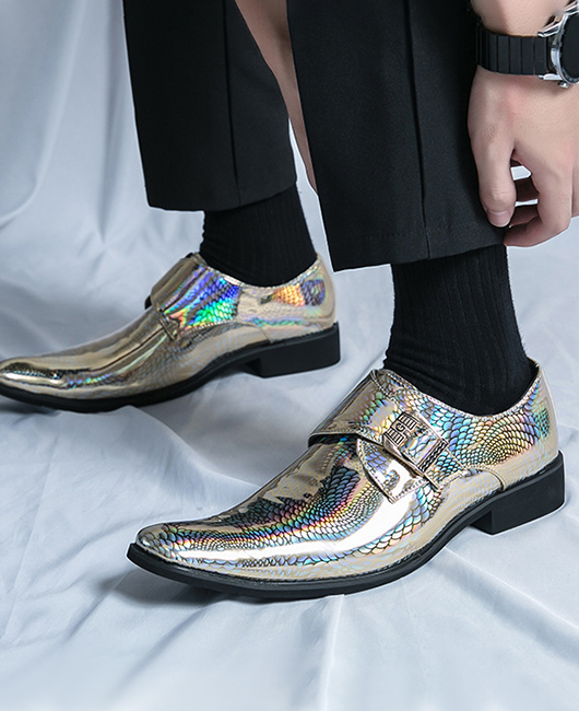 Fashion Iridescent Crocodile Pattern Buckle PU Leather Shoes