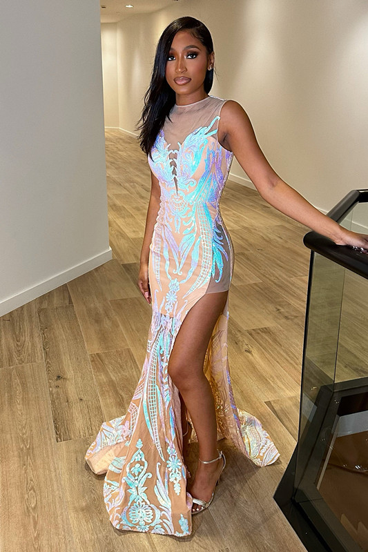 Hidais Crew Neck Laser Light Sleeveless Mermaid Princess Prom Dress With Split Trumpet