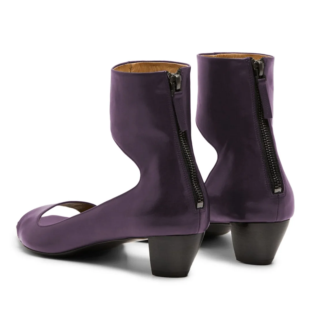 Purple Vegan Leather Open-Toe Chunky Heel Zipper Sandals for Women