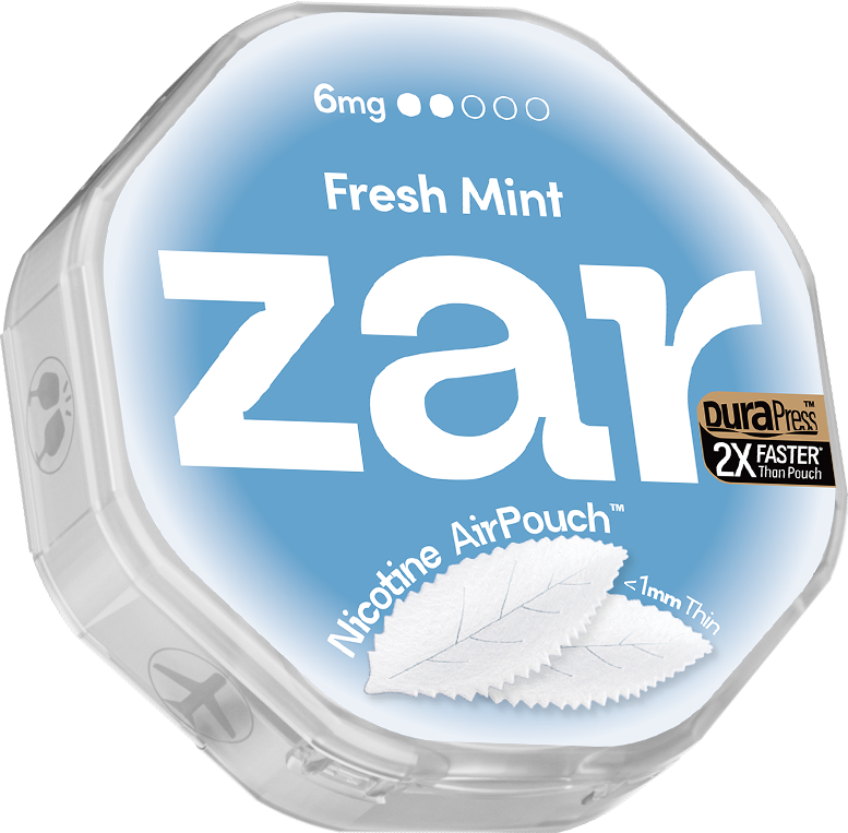 Zar Airpouch Fresh Mint 6mg nicotine pouch can displayed with racing gear, representing nicotine pouches in professional sports and performance settings