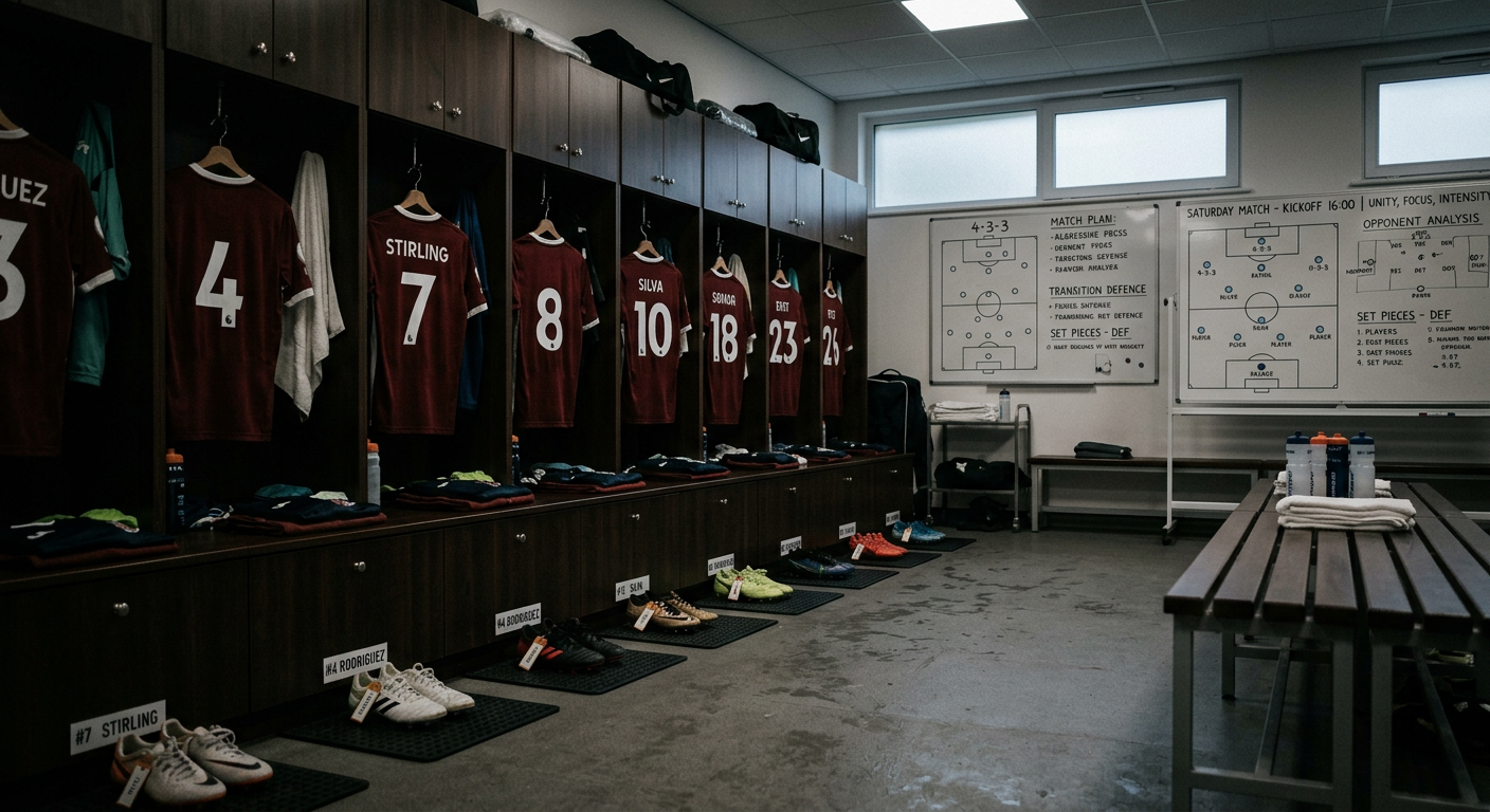 Professional football locker room before a major match, representing elite player pre-match rituals and nicotine pouch use in soccer