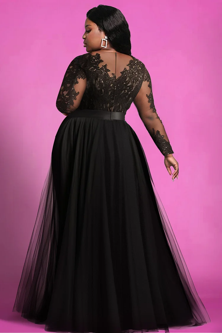 Xpluswear Design Plus Size Formal Black V Neck Long Sleeve Split See Through Tulle Maxi Dresses [Pre-Order]