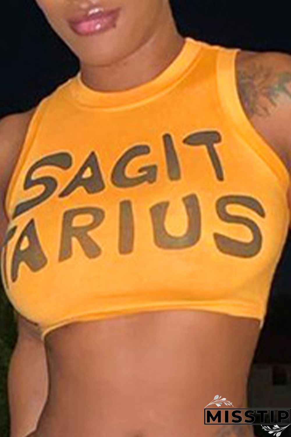 Yellow Casual Street Letter Printing O Neck High Waist Tops