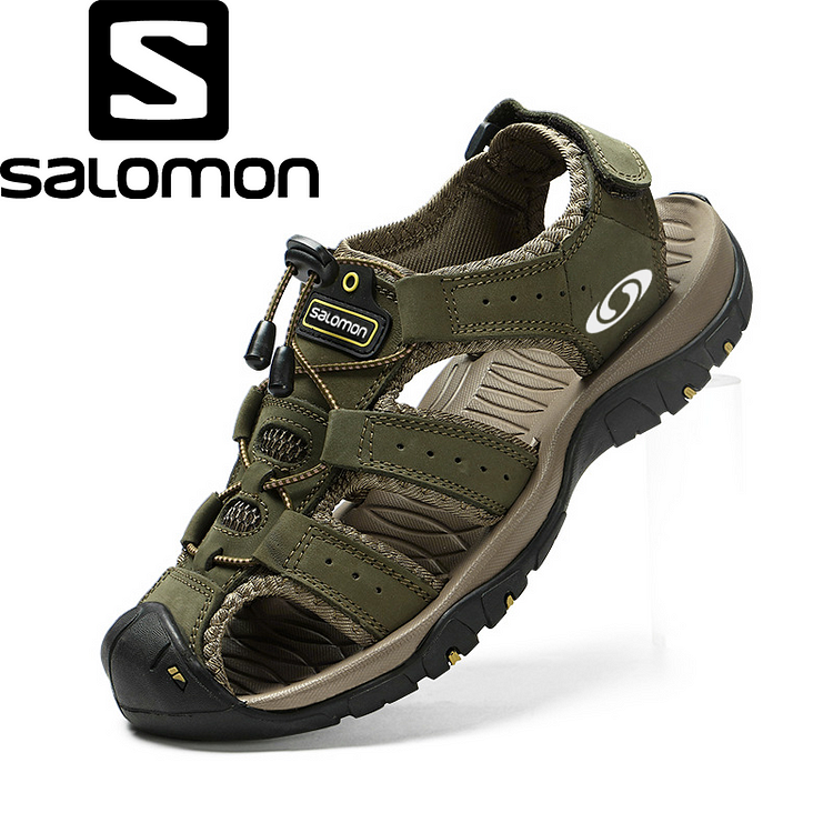 Sandálias de praia masculinas Salomon® para caminhada em couro. Calçados masculinos para atividades ao ar livre. Sandálias respiráveis ​​para pesca. 2024.