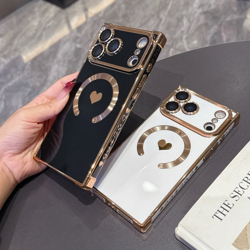 FANGCASE iPhone 17 Pro Max magnetic heart cases in black and white, raised lens bezel for protection and glossy electroplated edges, updated real machine mold