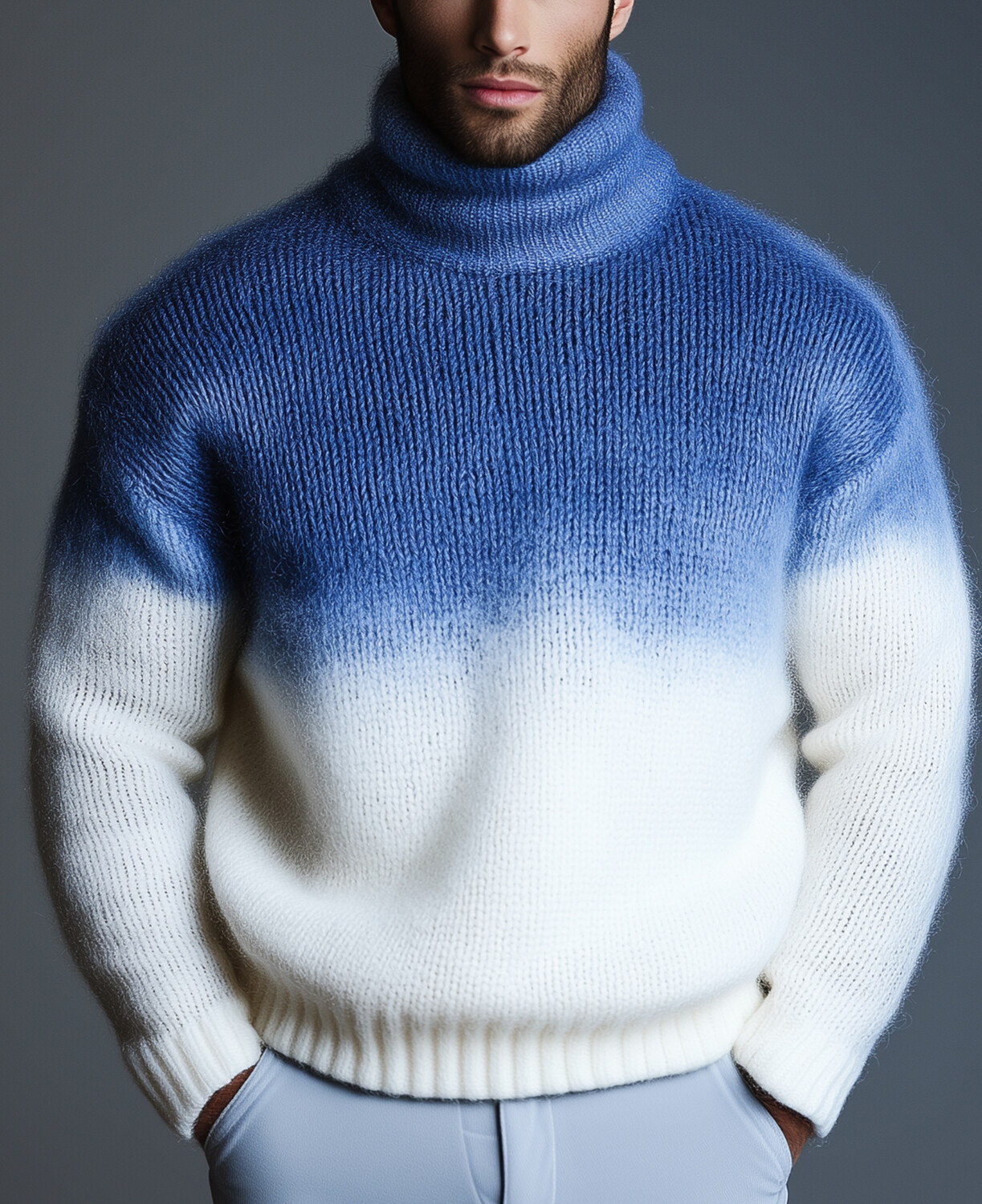 Fashionable Knit Gradient Print Turtleneck Sweater Men's Winter Autumn Cosily Long Sleeve Sweater