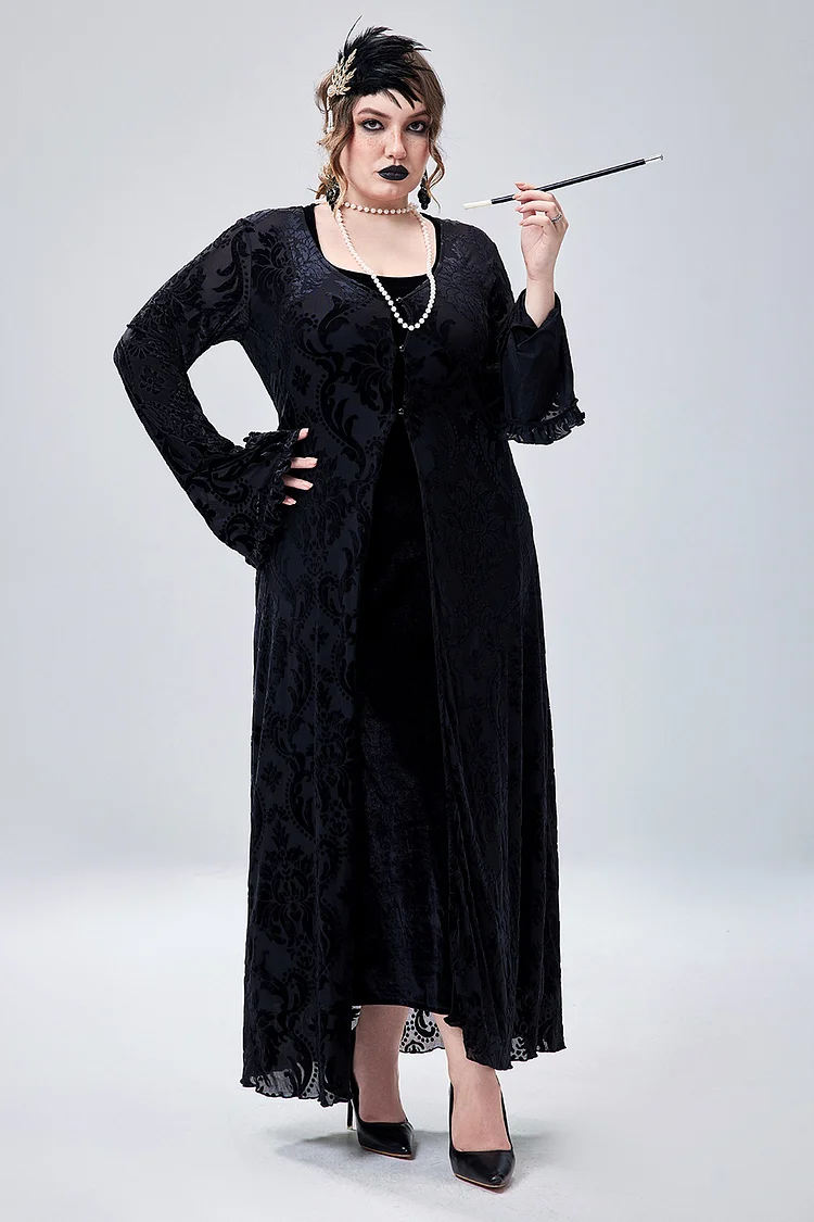 Xpluswear Design Plus Size Halloween Costume 1920s Flapper Dress Gothic V-Neck Long Sleeve Velvet Cardigan（Ships 24h） 2024 - Xpluswear