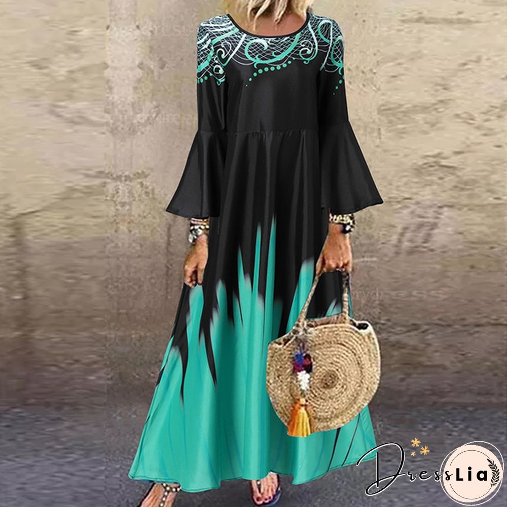 Women Kaftan Party Color Printed Long Shirt Dress Casual Flare Sleeve O Neck Slim Maxi Sundress