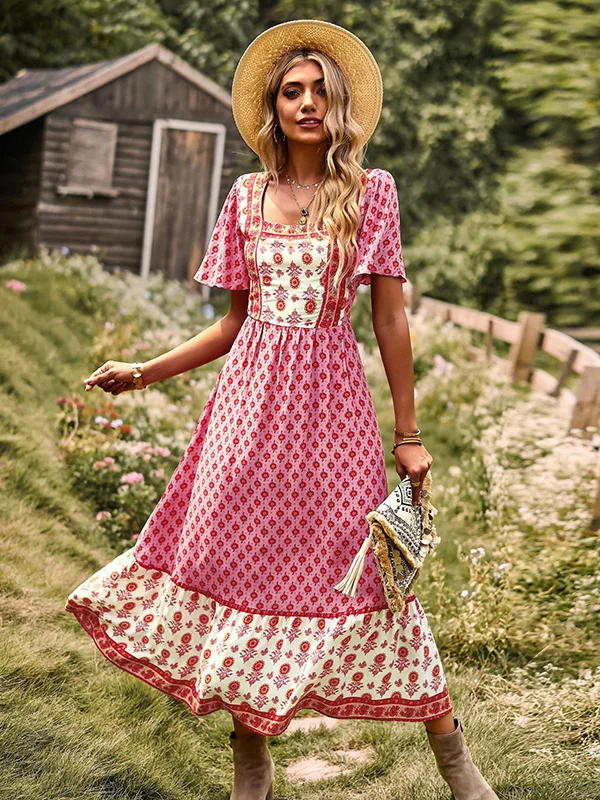 Bohemia Flared Sleeves Loose Floral Printed U-Neck Maxi Dress