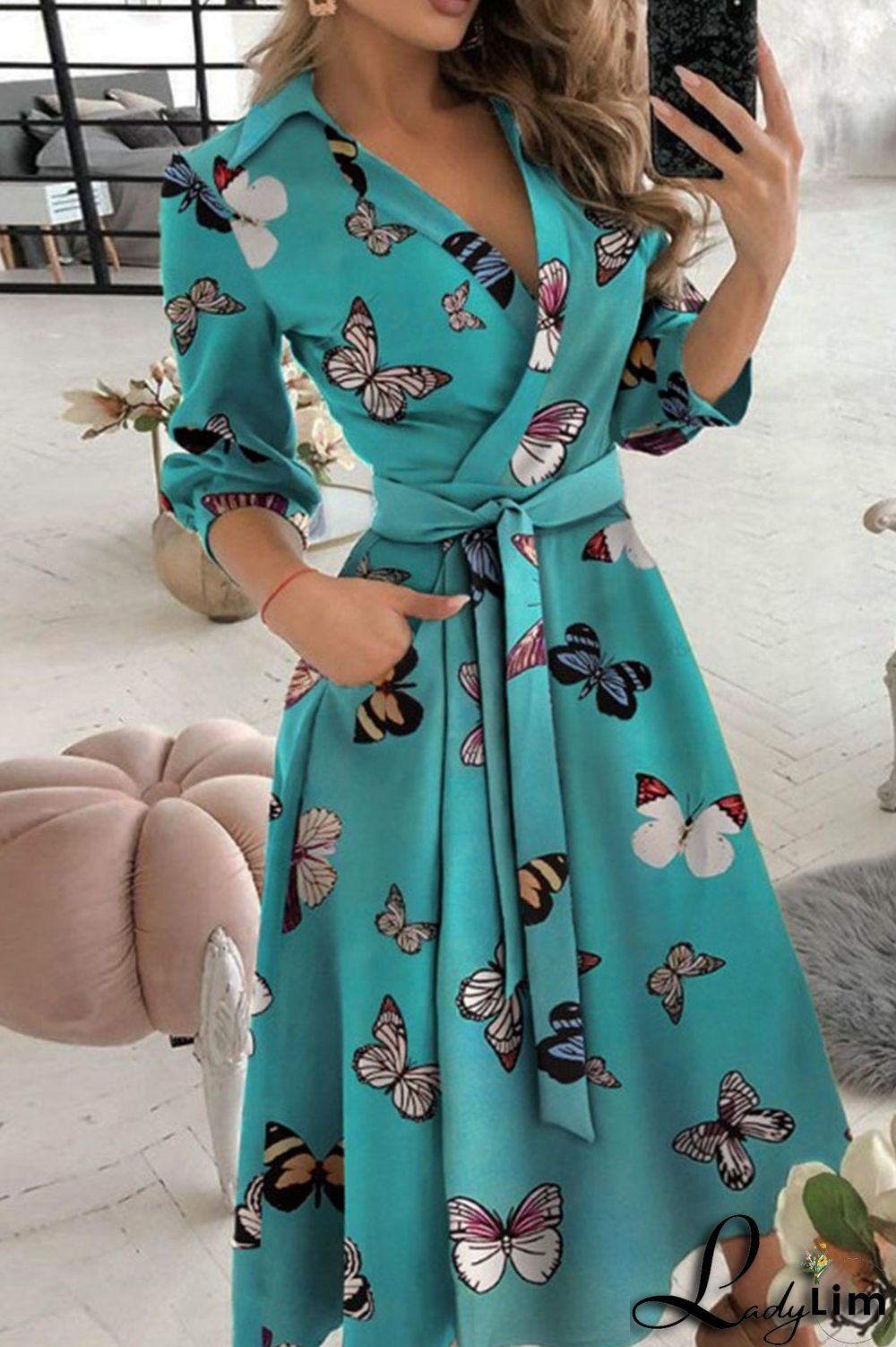 Colour Casual Print Bandage Split Joint V Neck A Line Dresses