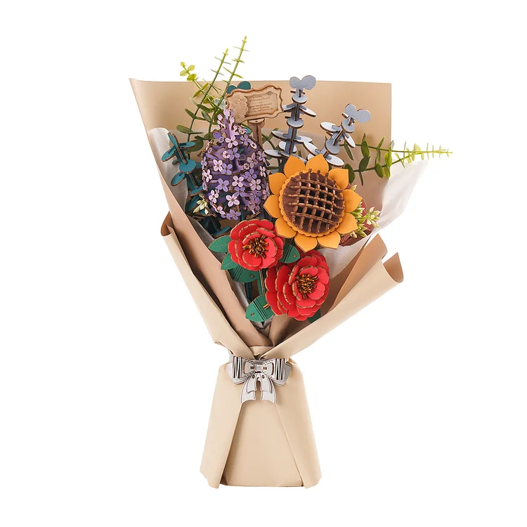 Bouquet de fleurs en bois Rowood avec tournesol, lilas, camélia rouge et  rose rose, Puzzle en bois 3D