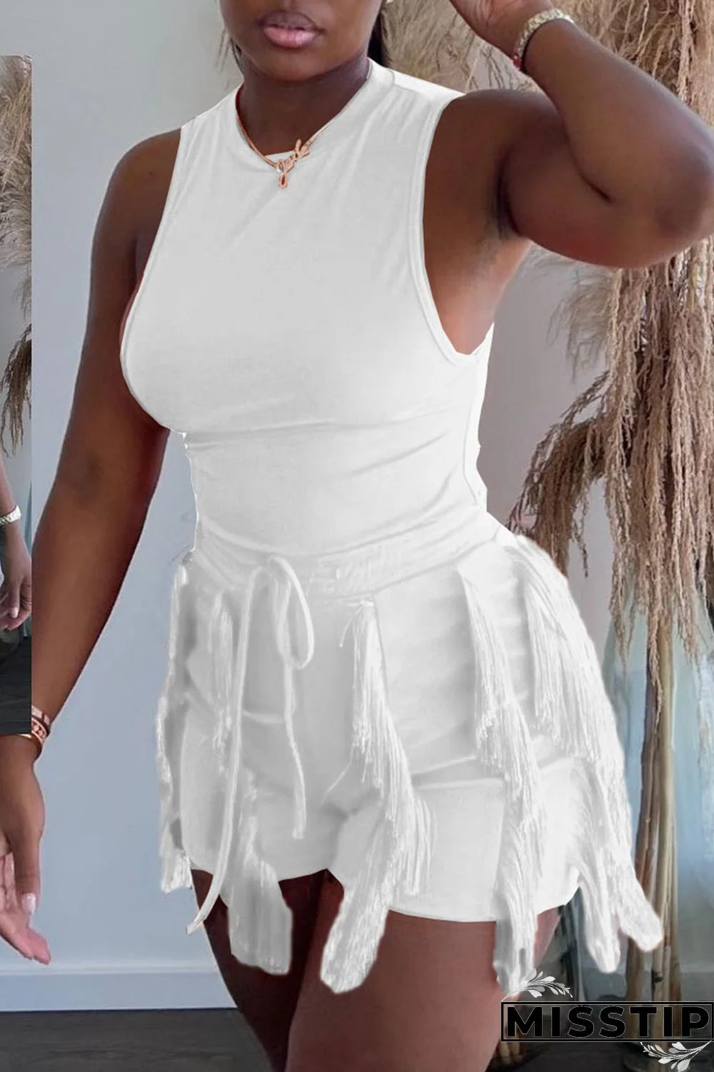 Peacock Blue Casual Solid Tassel Patchwork O Neck Sleeveless Two Pieces