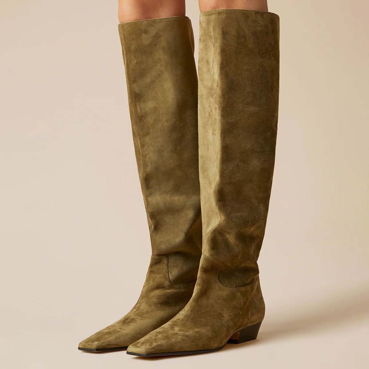 Olive Pull-On Square Toe Low Heel Knee-High Tall Boots for Women Nicepairs