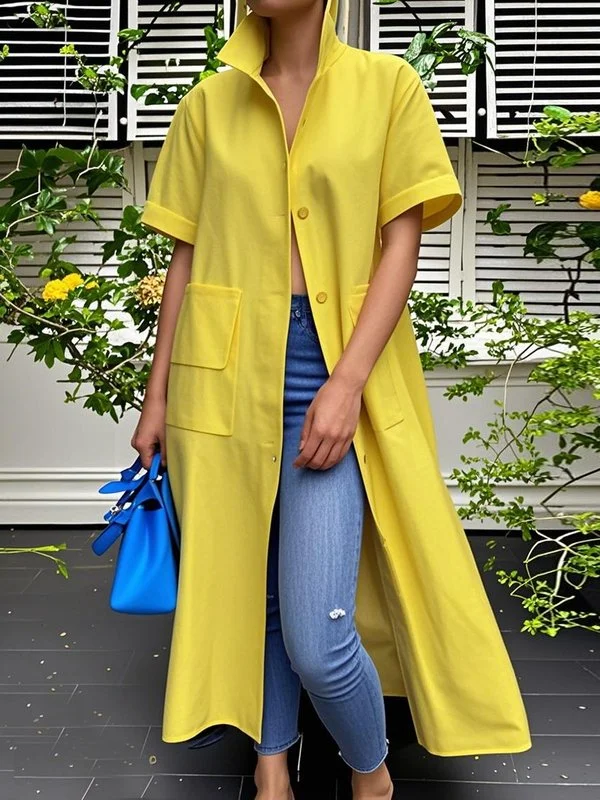Solid Color Pockets Buttoned Short Sleeves Loose Stand Collar Outerwear Midi Dresses Blouses