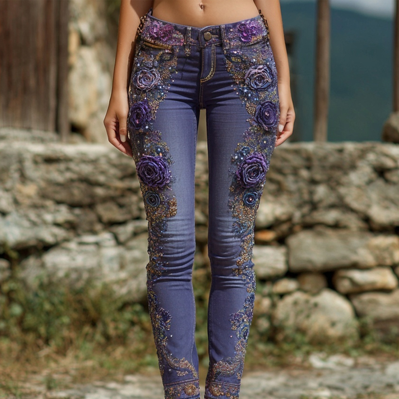 Vintage Purple Roses Embroidered Washed Skinny Jeans