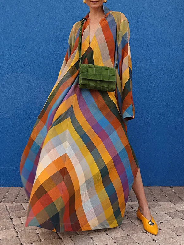 Long Sleeves Loose Contrast Color Split-Side V-Neck Maxi Dresses