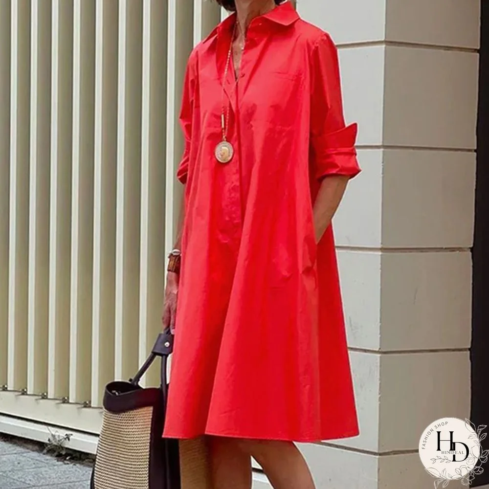 Autumn Women Harajuku Lapel Shirt Dress Vintage Ladies Long Sleeve Loose Mini Dress Elegant Commute Solid Pocket Dress Vestidos