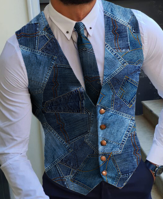 Business V Neck Single Breasted Denim Pattern Vest