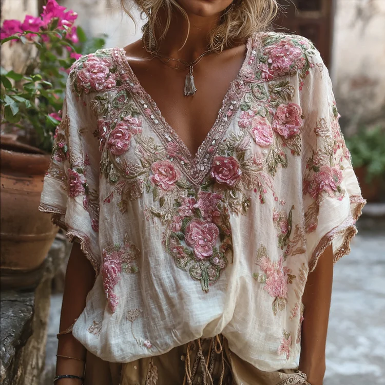BOHEMIAN-STYLE PINK FLORAL EMBROIDERY V-NECK SHORT-SLEEVED SHIRT WITH SEQUINS